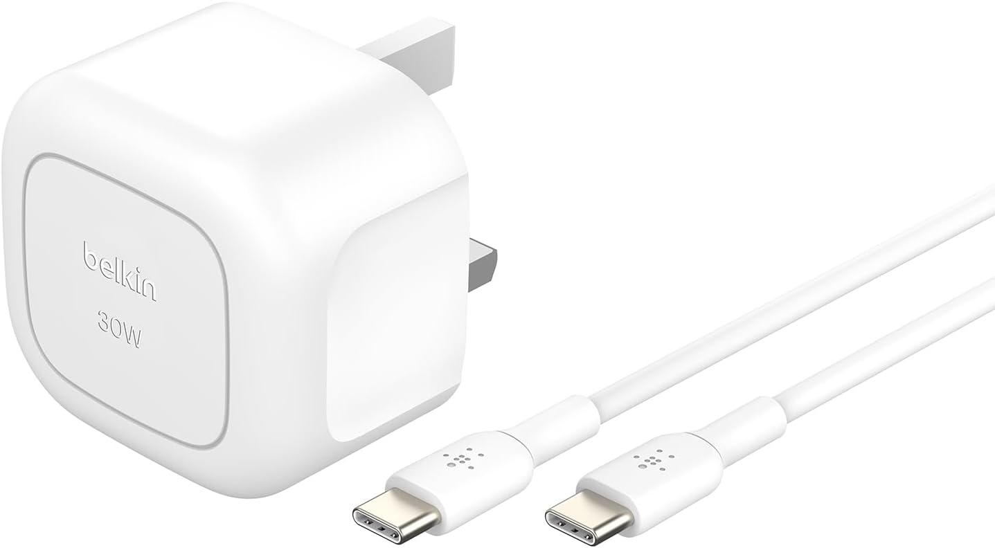 شاحن من بلكن بمنفذ USB-C متوافق مع آيفون 15 و14 و13 وسامسونج جالاكسي وآيباد بمنفذ واحد بقوة 30 واط مع شحن سريع ومدمج