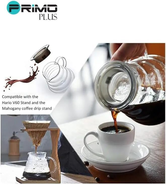 Primo Plus إبريق قهوة زجاجي شفاف، سعة 600 مل، متوافق مع V60، زجاج مقاوم للحرارة مع مقياس قياس ومقبض مريح PR631 - الصورة 3