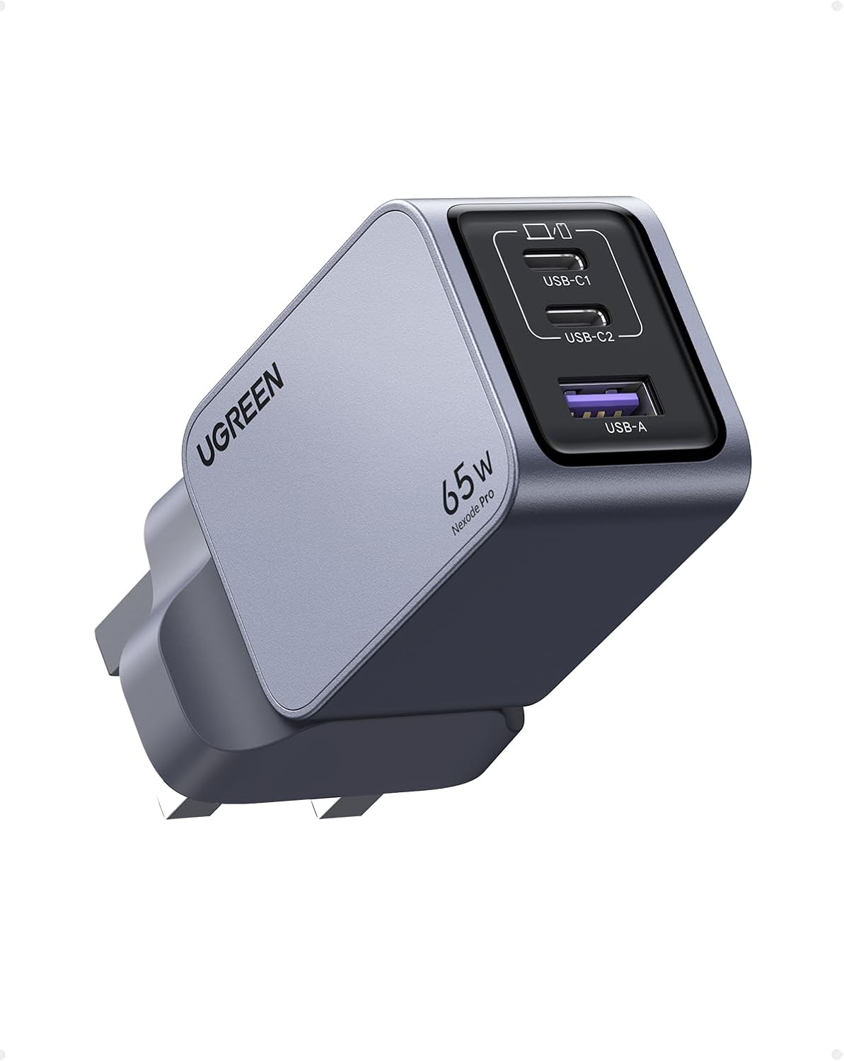 شاحن من يوجرين بمنفذ USB متوافق مع آيفون 17 و16 و15 وسامسونج جالاكسي وهواوي، 3 منافذ، 65 واط، شحن سريع مع تقنية GaN وحماية متعددة