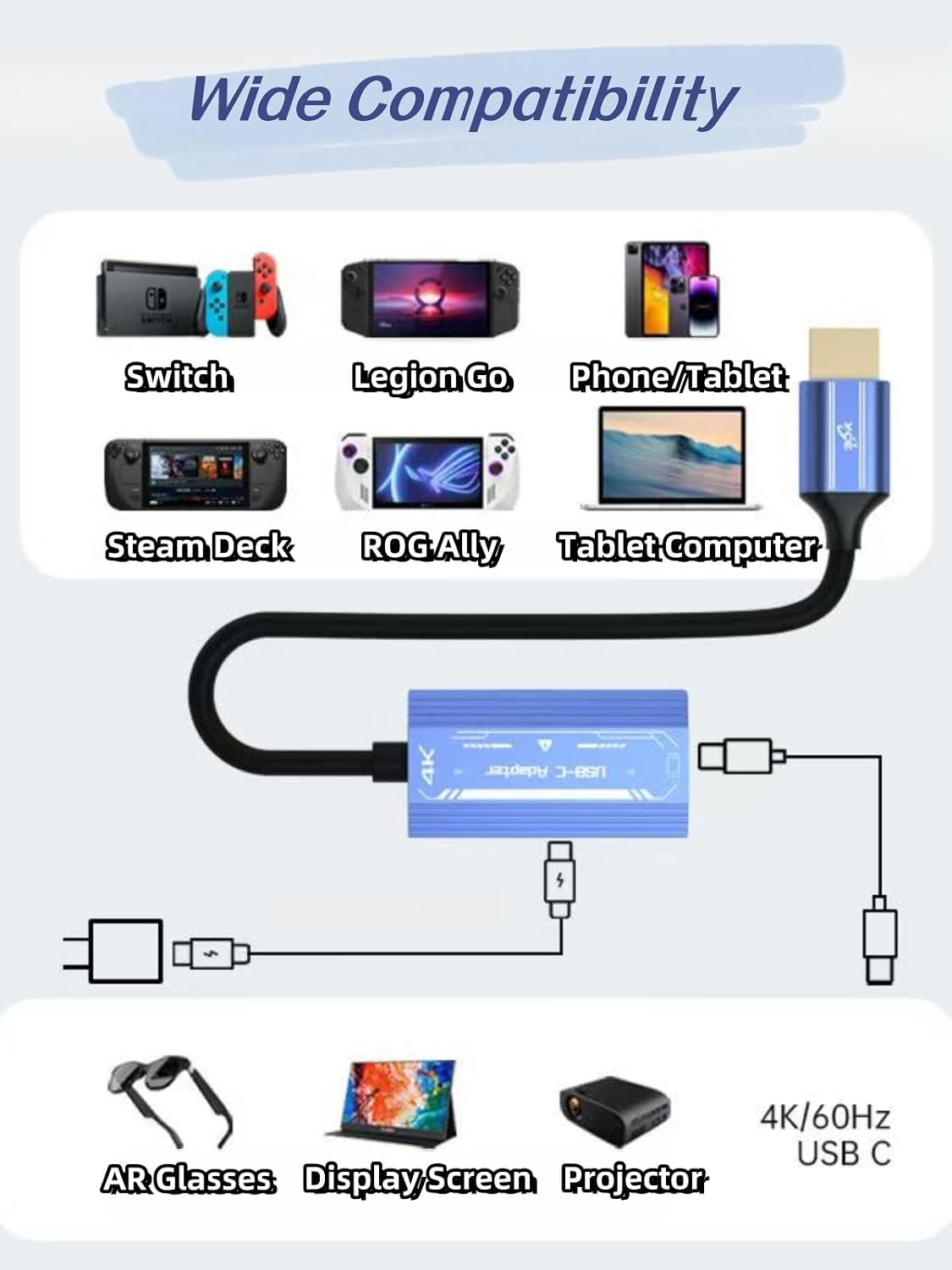 محول 4K HDMI الى USB-C، محول فيديو محمول للتوصيل والتشغيل لنظارات الواقع المعزز متوافق مع بلاي ستيشن 4 وبلاي ستيشن 5 واكس بوكس وسويتش واللابتوب والكمبيوتر ودعم UHD 60Hz - الصورة 3