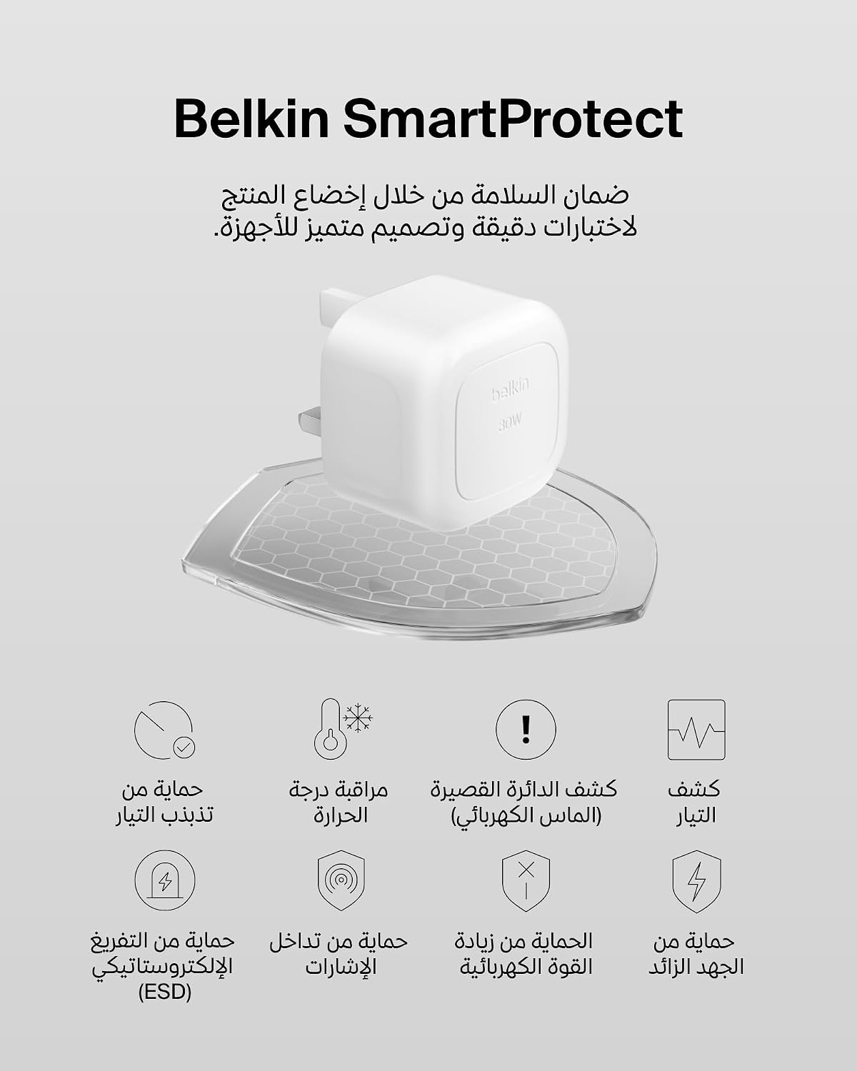 شاحن من بلكن بمنفذ USB-C متوافق مع آيفون 15 و14 و13 وسامسونج جالاكسي وآيباد بمنفذ واحد بقوة 30 واط مع شحن سريع ومدمج - الصورة 6
