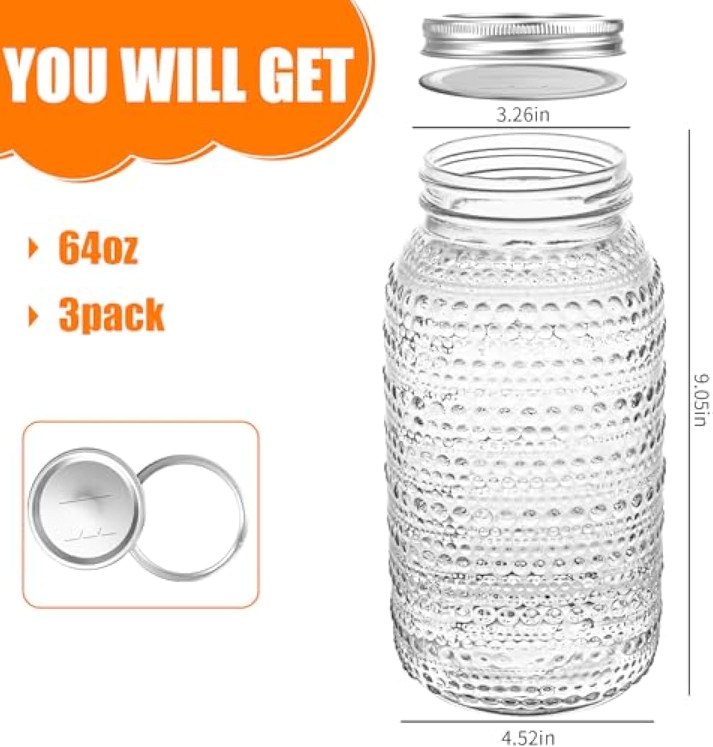 3pcs mason jars glass storage containers overnight oats containers clear food jar for fermenting pickling storing food meal prep salad jam 64 oz - الصورة 5