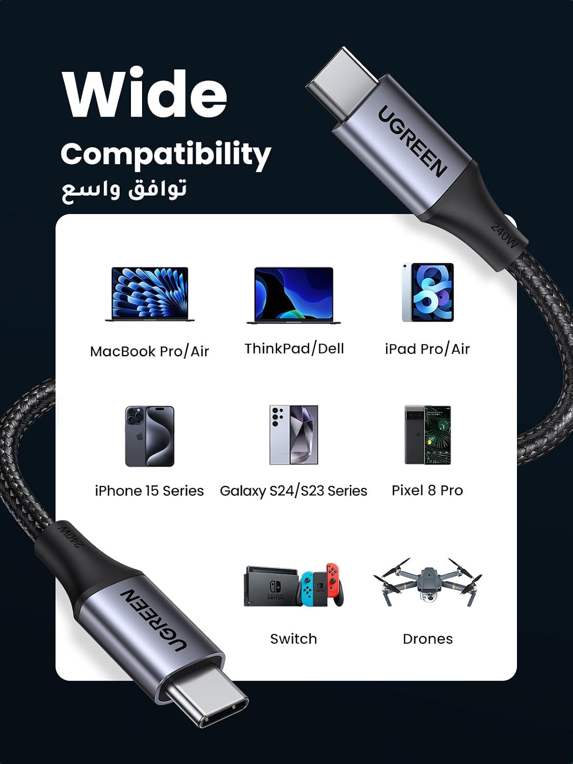 كيبل usb سي من يوجرين، مضفر 1 متر 240 واط 48 فولت 5 - الصورة 4