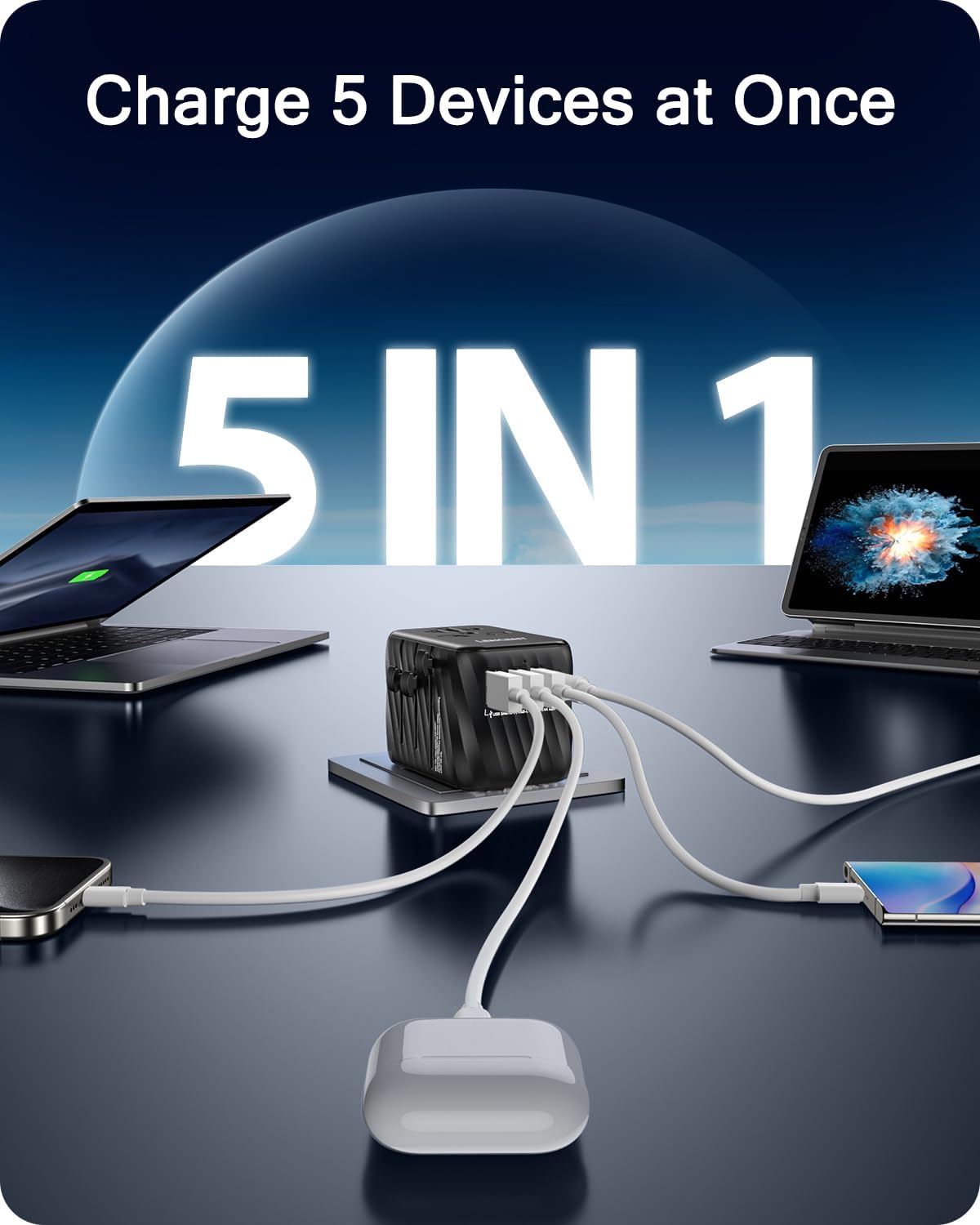 محول طاقة شامل للسفر من لانسينت، قابس تيار متردد 5.6 امبير بـ3 منافذ USB A ومنفذ توصيل طاقة USB C، شاحن حائط من مستلزمات السفر لجميع أنحاء العالم من UK وEU وUS وأيرلندا وأستراليا (نوع C/G/A/I)، أسود | 3 USB A Ports 1 Type C PD Wall Charger Worldwide Travel Essentials for UK to EU US Ireland Australia (Type C/G/A/I) Black - الصورة 3