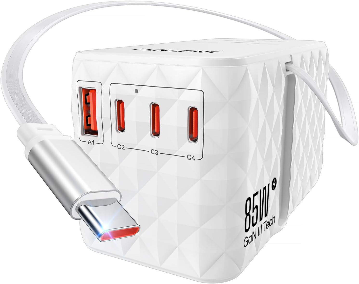 محول طاقة سفر عالمي 85 واط مع كيبل USB-C قابل للسحب، محول سفر دولي بتقنية GaN مع 1 USB-A و3 USB-C شحن سريع، محول قابس عالمي من أمريكا إلى الاتحاد الأوروبي والمملكة المتحدة، أنواع C/G/A/I من لانسينت | GaN International Travel Adapter with 1 USB-A & 3 Type C Fast Charging, Worldwide Plug Adaptor for US to EU UK Type C/G/A/I