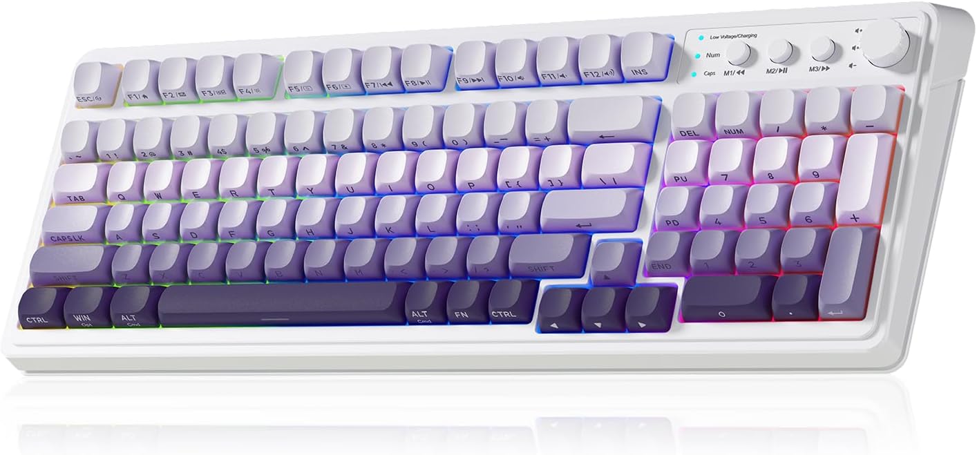 كيبورد أولا سلكي موديل S99 مضاء خلفياً وقابل للتخصيص بلون جراديانت بنفسجي متوافق مع PC باللغة الإنجليزية