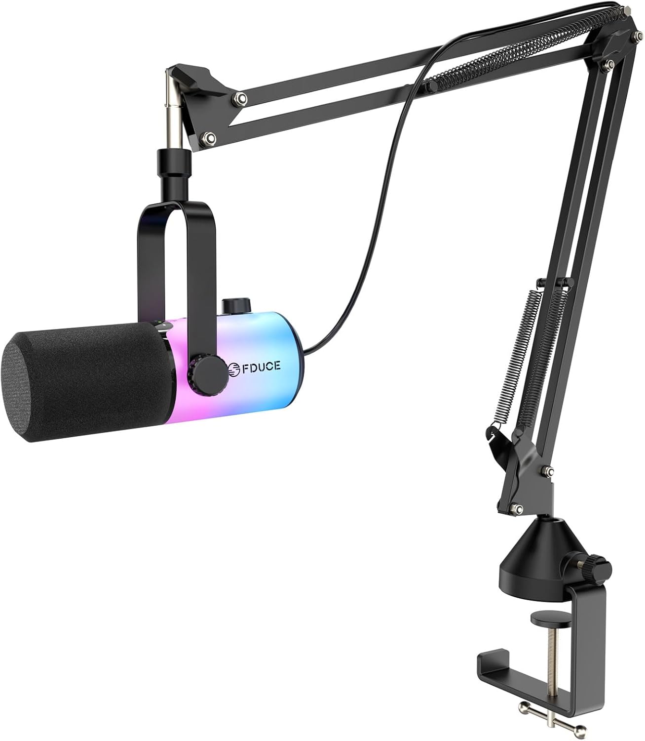 ميكروفون من FDUCE موديل D20 بإضاءة RGB مع USB، مزود بزر كتم وتحكم بالصوت ومنفذ سماعات وذراع قابل للتعديل، متوافق مع PC وMac وPS4/PS5