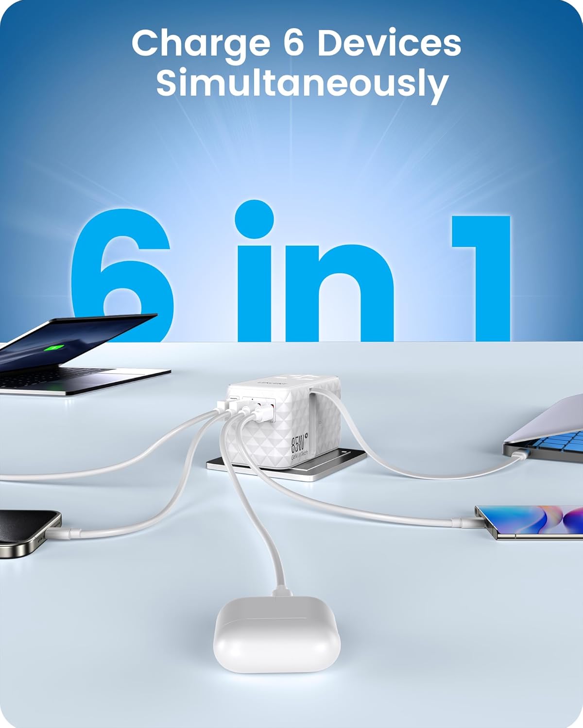 محول طاقة سفر عالمي 85 واط مع كيبل USB-C قابل للسحب، محول سفر دولي بتقنية GaN مع 1 USB-A و3 USB-C شحن سريع، محول قابس عالمي من أمريكا إلى الاتحاد الأوروبي والمملكة المتحدة، أنواع C/G/A/I من لانسينت | GaN International Travel Adapter with 1 USB-A & 3 Type C Fast Charging, Worldwide Plug Adaptor for US to EU UK Type C/G/A/I - الصورة 5
