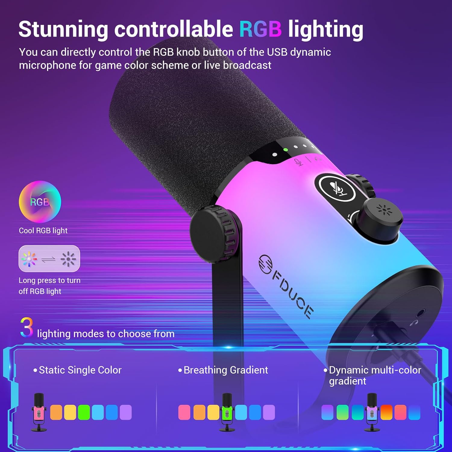 ميكروفون من FDUCE موديل D20 بإضاءة RGB مع USB، مزود بزر كتم وتحكم بالصوت ومنفذ سماعات وذراع قابل للتعديل، متوافق مع PC وMac وPS4/PS5 - الصورة 4