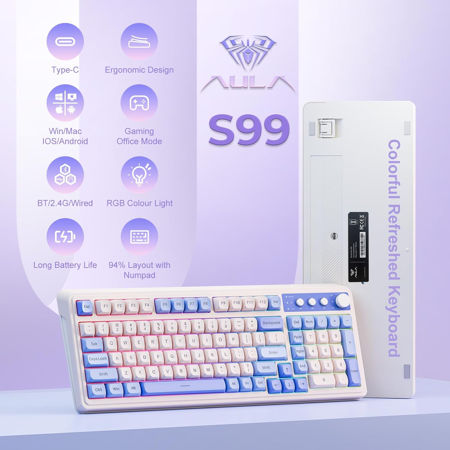 كيبورد أولا سلكي موديل S99 مضاء خلفياً وقابل للتخصيص بلون جراديانت بنفسجي متوافق مع PC باللغة الإنجليزية - الصورة 2