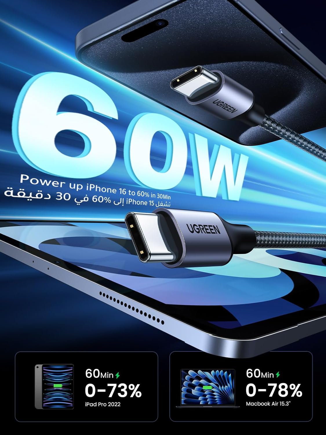 كيبل USB C من يوجرين، سلك مضفر بالنايلون 60 واط USB-C الى USB-C 2.0 متوافق مع ايفون 16/16 برو/16 برو ماكس، ايباد برو/اير/ميني 6، ماك بوك برو/اير، جالكسي S24 الترا، هواوي P60، - الصورة 2