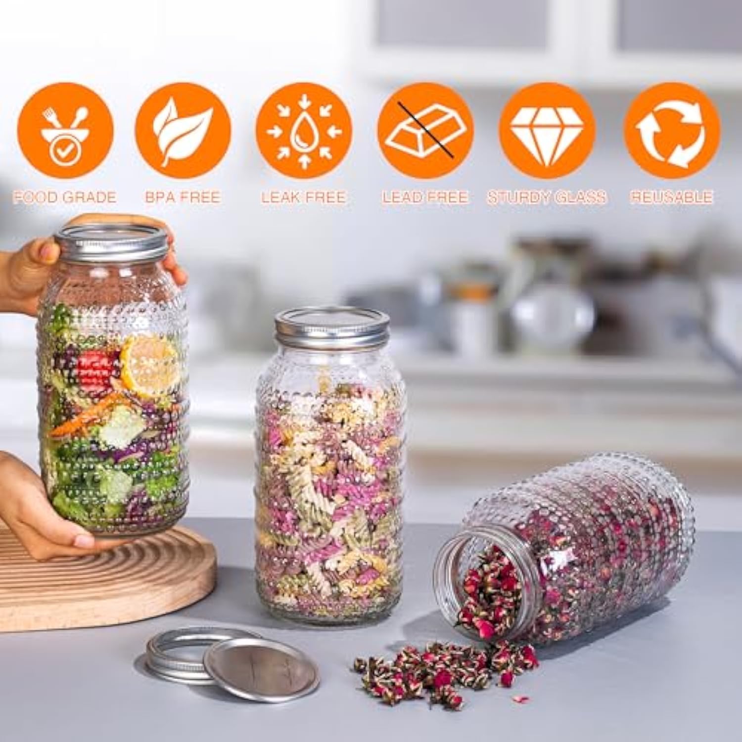 3pcs mason jars glass storage containers overnight oats containers clear food jar for fermenting pickling storing food meal prep salad jam 64 oz - الصورة 2