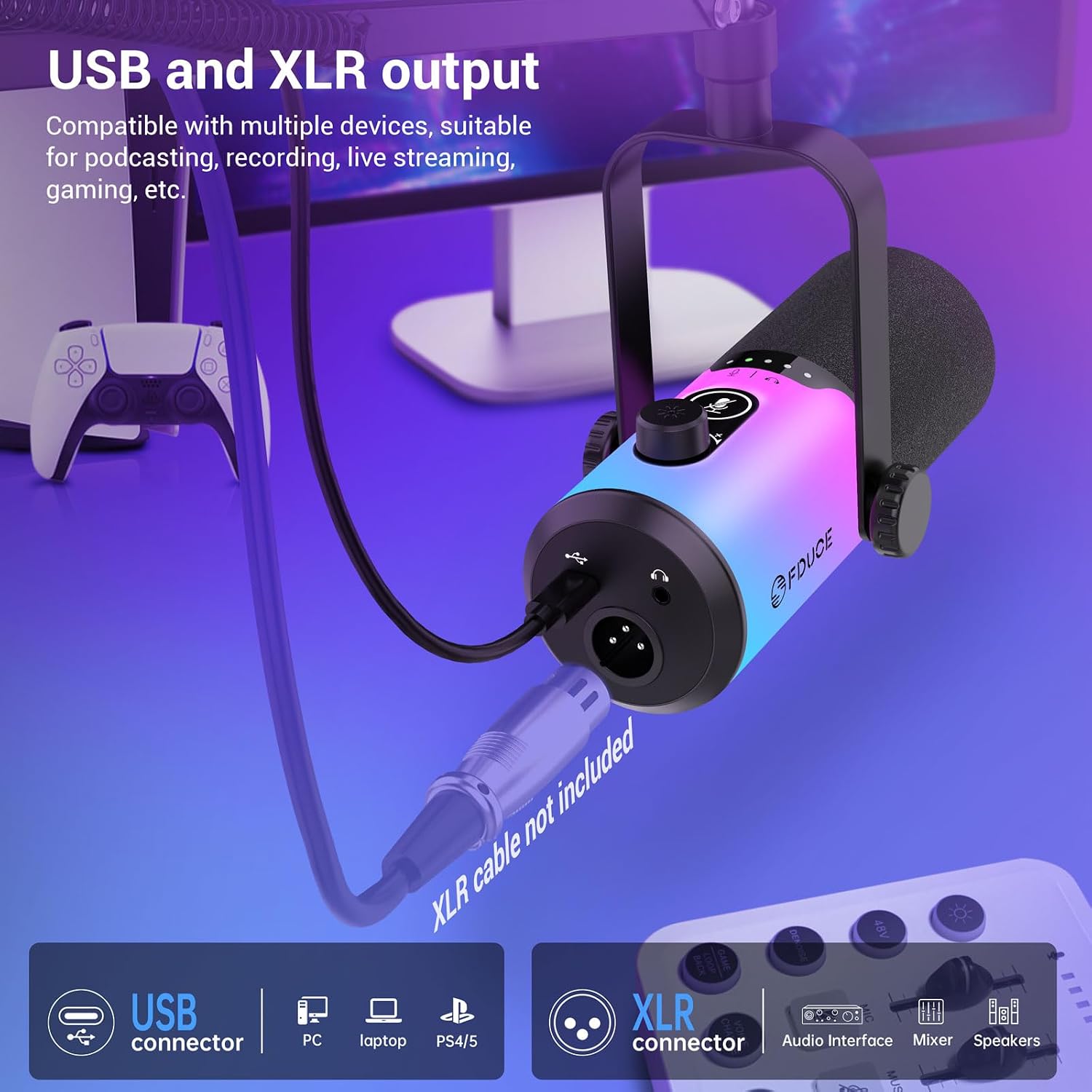 ميكروفون من FDUCE موديل D20 بإضاءة RGB مع USB، مزود بزر كتم وتحكم بالصوت ومنفذ سماعات وذراع قابل للتعديل، متوافق مع PC وMac وPS4/PS5 - الصورة 3
