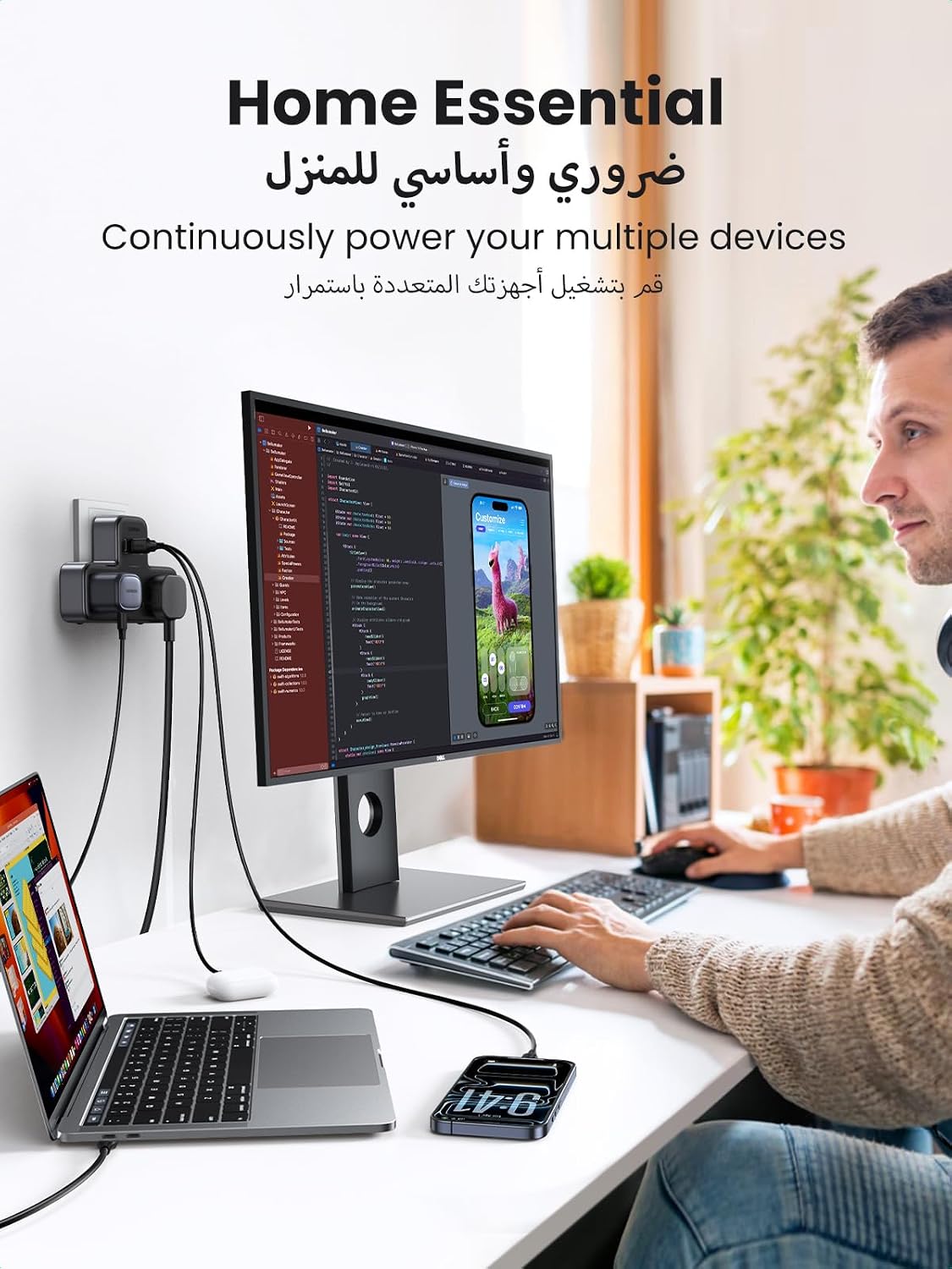 وصلة تمديد 6 في 1 للحماية من زيادة التيار الكهربائي و3 مقابس متعددة للتيار المتردد من يوجرين، شاحن سريع USB C 3 منافذ USB، موسع قابس بريطاني ثلاثي، محطة شحن USB للمطبخ، ملحقات المكتب المنزلي - الصورة 7