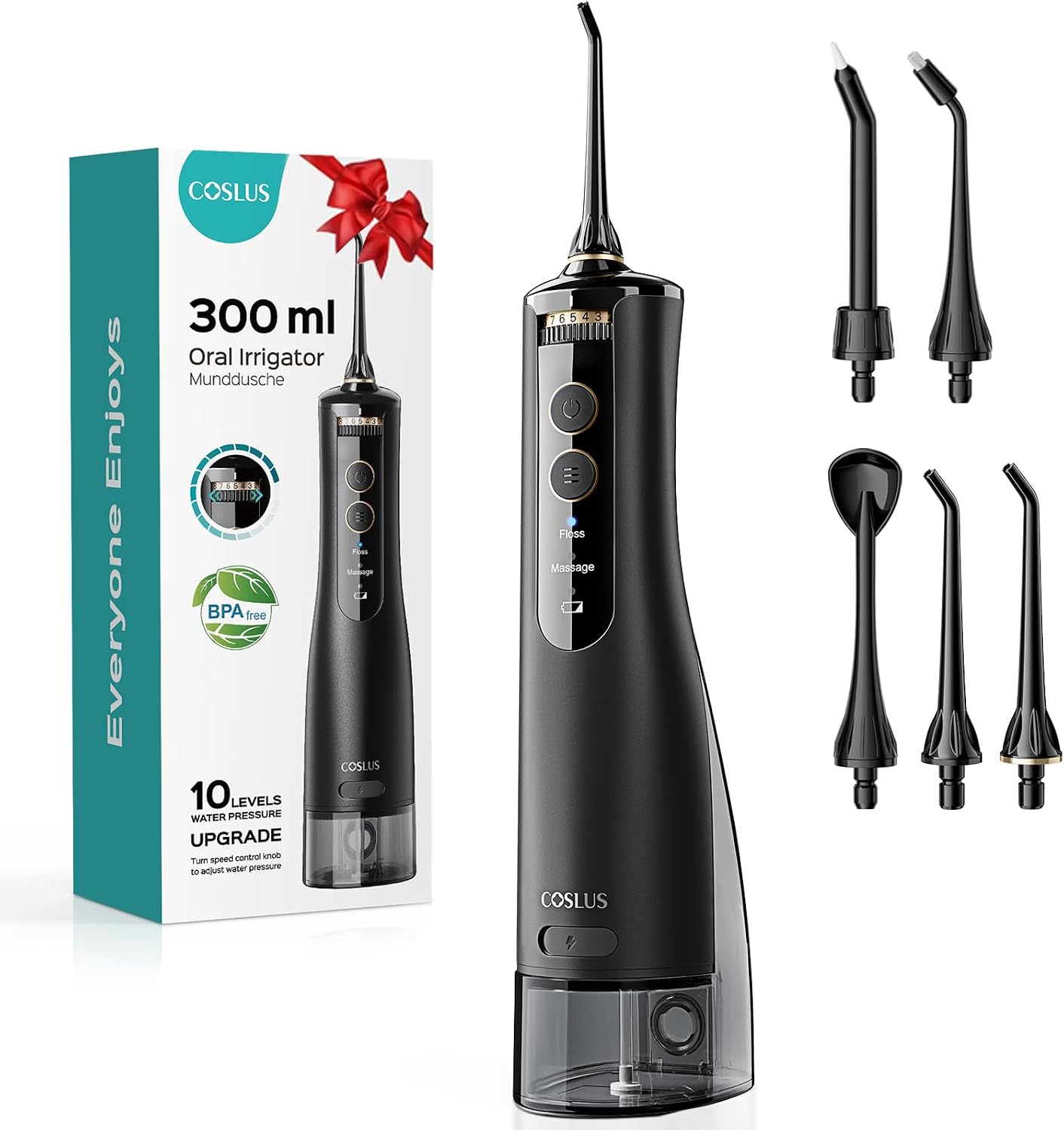 coslus e40 water flosser for teeth braces gums care advanced 10 pressure settings for multiple users 300ml bpa free ipx7 waterproof rechargeable portable للمنزل