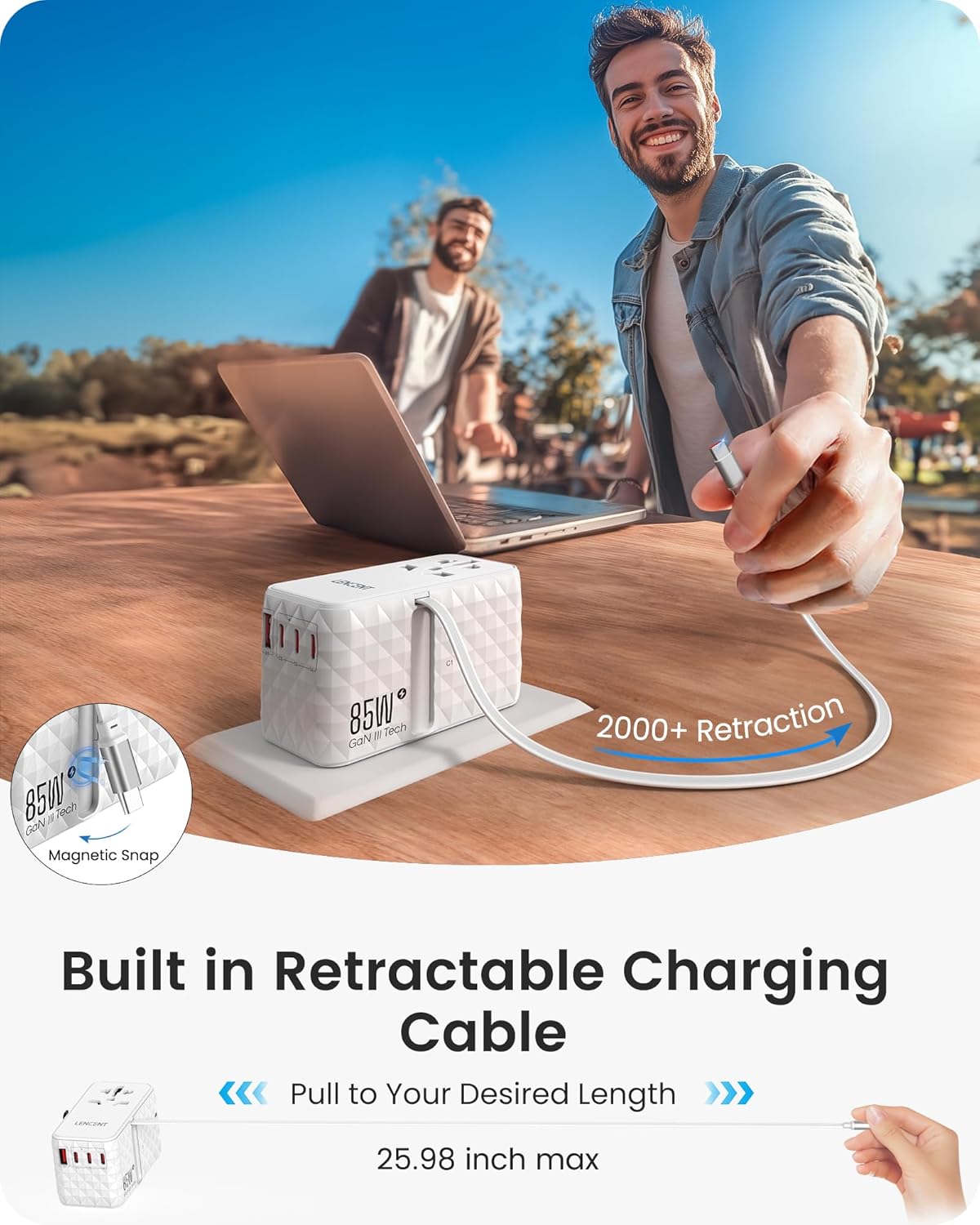 محول طاقة سفر عالمي 85 واط مع كيبل USB-C قابل للسحب، محول سفر دولي بتقنية GaN مع 1 USB-A و3 USB-C شحن سريع، محول قابس عالمي من أمريكا إلى الاتحاد الأوروبي والمملكة المتحدة، أنواع C/G/A/I من لانسينت | GaN International Travel Adapter with 1 USB-A & 3 Type C Fast Charging, Worldwide Plug Adaptor for US to EU UK Type C/G/A/I - الصورة 3