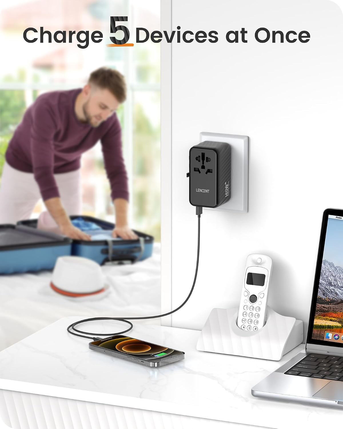 محول سفر 140 واط من لانسينت، شاحن سريع جان مع 3 منافذ نوع C 3.1 بتقنية PD3 مع 1 منفذ USB نوع A بتقنية QC، أساسيات السفر، محول بمنفذ الولايات المتحدة/المملكة المتحدة/الاتحاد الاوروبي/استراليا، أسود | GaN Fast Charger with 3 PD3.1 Type C+1 QC USB A, All in One Travel Essentials, Worldwide Outlet Converter for USA/UK/EU/AU - الصورة 5