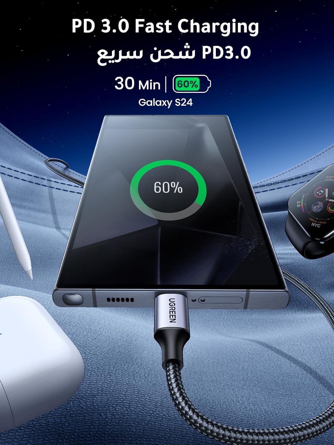 كيبل USB C من يوجرين، سلك مضفر بالنايلون 60 واط USB-C الى USB-C 2.0 متوافق مع ايفون 16/16 برو/16 برو ماكس، ايباد برو/اير/ميني 6، ماك بوك برو/اير، جالكسي S24 الترا، هواوي P60، - الصورة 4