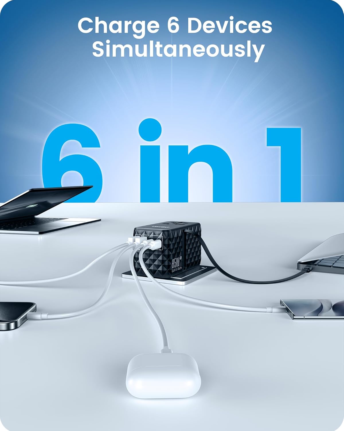 محول طاقة سفر عالمي 85 واط مع كيبل USB-C قابل للسحب، محول سفر دولي بتقنية GaN مع 1 USB-A و3 USB-C شحن سريع، محول قابس عالمي من أمريكا إلى الاتحاد الأوروبي والمملكة المتحدة، أنواع C/G/A/I من لانسينت | GaN International Travel Adapter with 1 USB-A & 3 Type C Fast Charging, Worldwide Plug Adaptor for US to EU UK Type C/G/A/I - الصورة 5