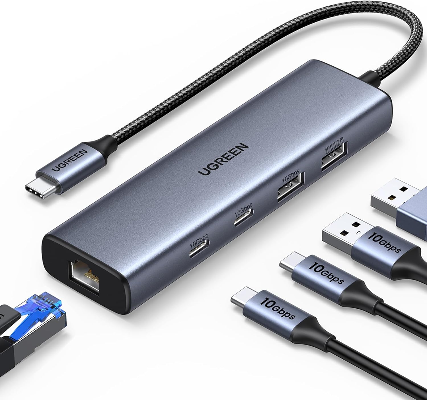 يوجرين موزع USB-C 5 في 1 بسرعة 10Gbps مع RJ45 | منفذا USB-C 3.2 ومنفذا USB-A 3.2/2.0 مع Gigabit RJ45 وشحن PD، متوافق مع Thunderbolt وMacBook وWindows وLinux