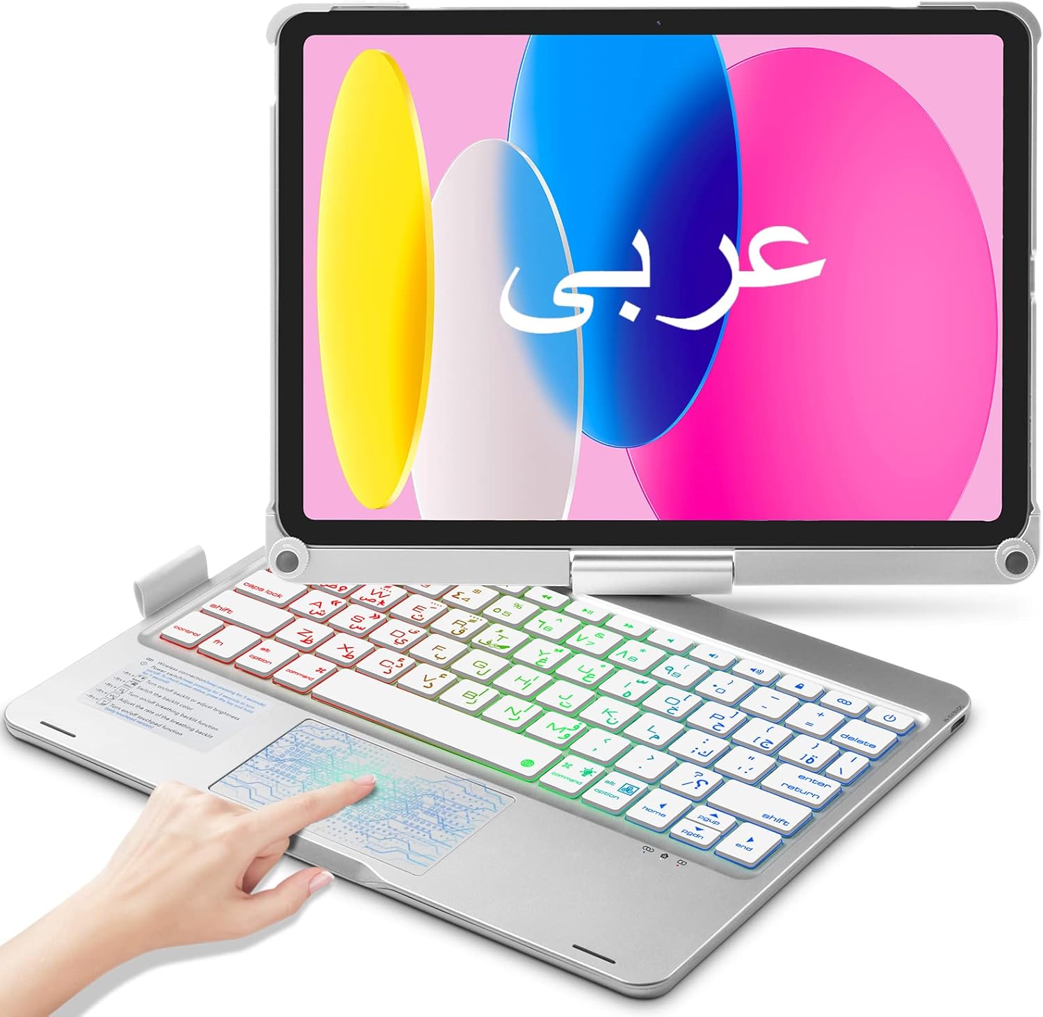 كيبورد إيامبانغ بلوتوث ماجيك تراك باد مضاء خلفياً مع تراك باد و360 درجة قابل للدوران و حامل قلم بلون أسود لآيباد 11 بوصة A16