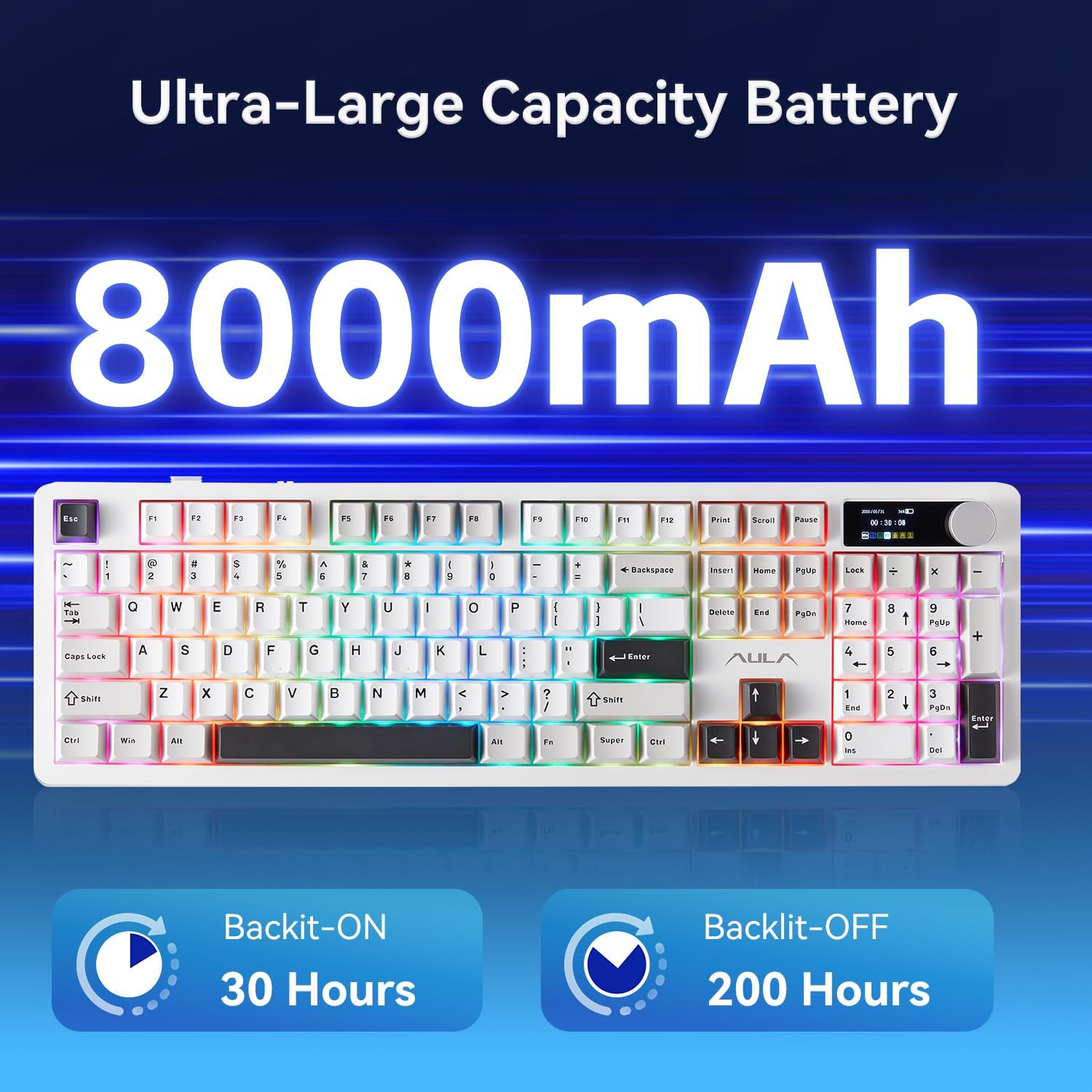 اولا كيبورد لاسلكي F106PRO ميكانيكي بالحجم الكامل مع مقبض وسائط وشاشة وبطارية 8000mAh قابلة للتبديل السريع واغطية مفاتيح PBT مخصصة للالعاب - مفتاح بليز، اسود وابيض ورمادي - الصورة 5