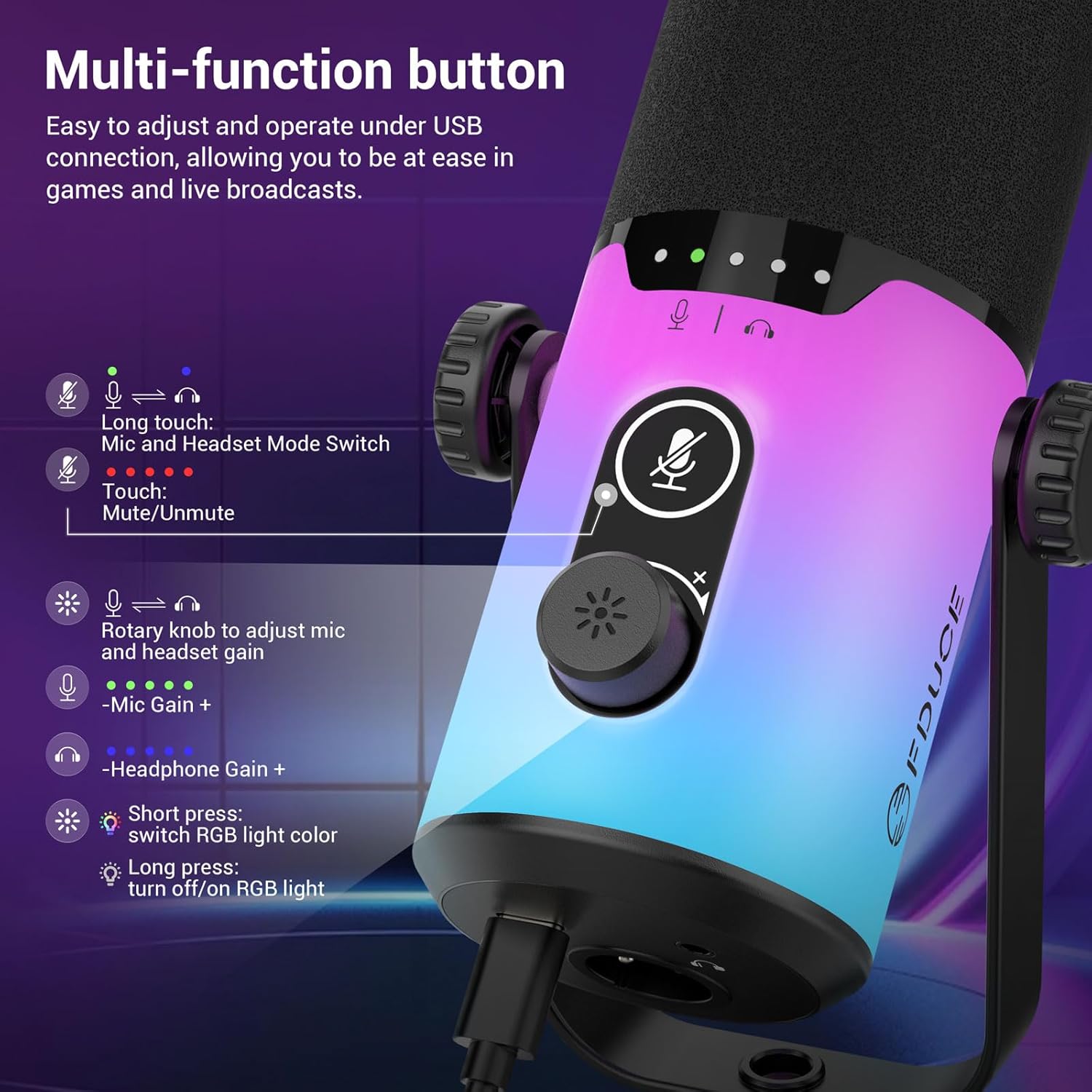 ميكروفون من FDUCE موديل D20 بإضاءة RGB مع USB، مزود بزر كتم وتحكم بالصوت ومنفذ سماعات وذراع قابل للتعديل، متوافق مع PC وMac وPS4/PS5 - الصورة 5