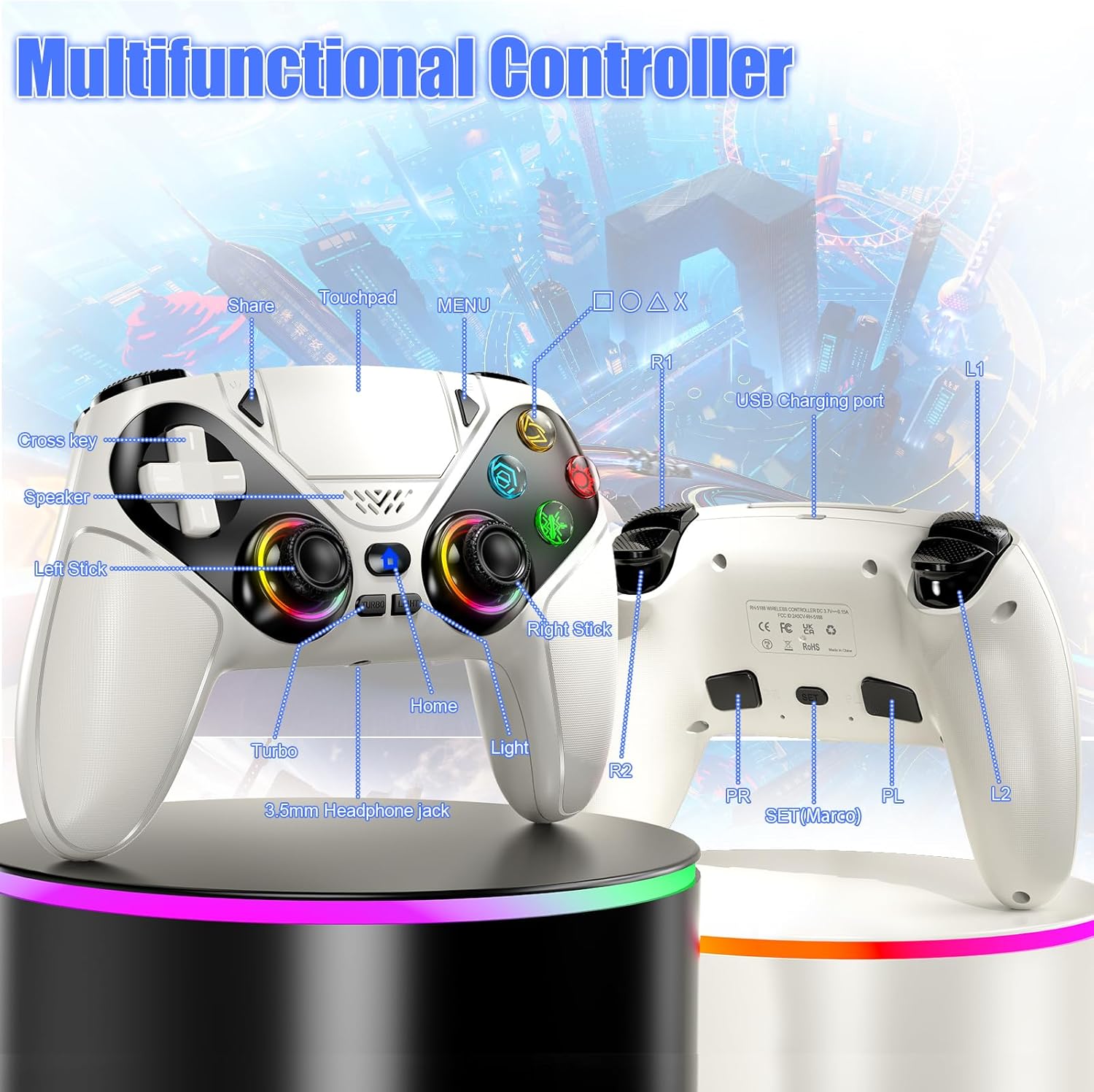Gamrombo LED Wireless Controller for PS5, Compatible with PS5 Pro/Slim/PC, Dual Vibration, Macro/Turbo Function, 3.5mm Audio Jack, 6-Axis Motion Contro Gamepad with Speaker (White) - الصورة 3