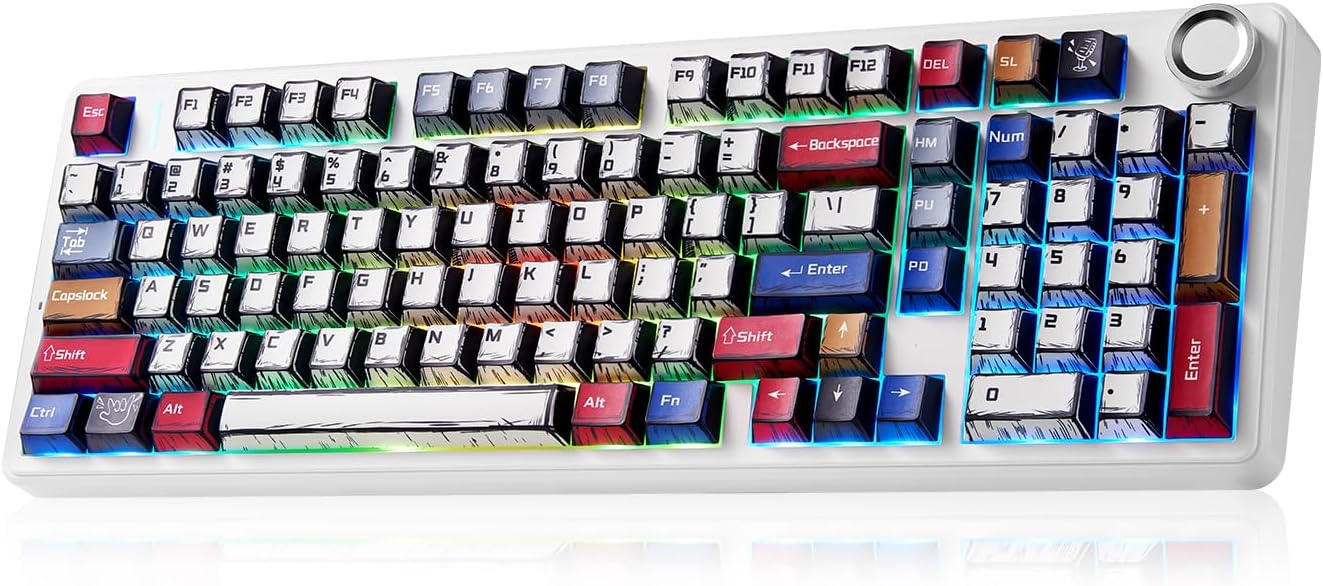 كيبورد أولا USB-C موديل F99 برو لاسلكي مع إضاءة RGB و بطارية 8000mAh بلون كوميك كولور لكونسول الألعاب بالإنجليزية | Tri-Mode Bluetooth/USB-C/Wireless,Hot Swappable Pre-lubed Star Vector Switches,Programmable RGB Backlit 99 PBT Keycaps