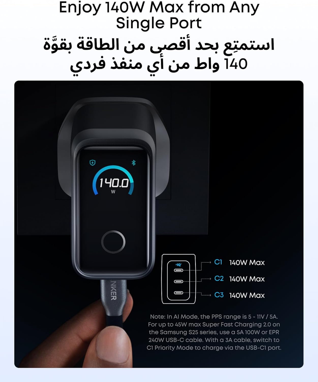 شاحن من أنكر بمنفذ USB متوافق مع آيفون 16 برو ماكس وآيباد برو 11 بوصة بـ3 منافذ 160.0 واط مع شحن سريع وشاشة ذكية وتقنية GaN - الصورة 5