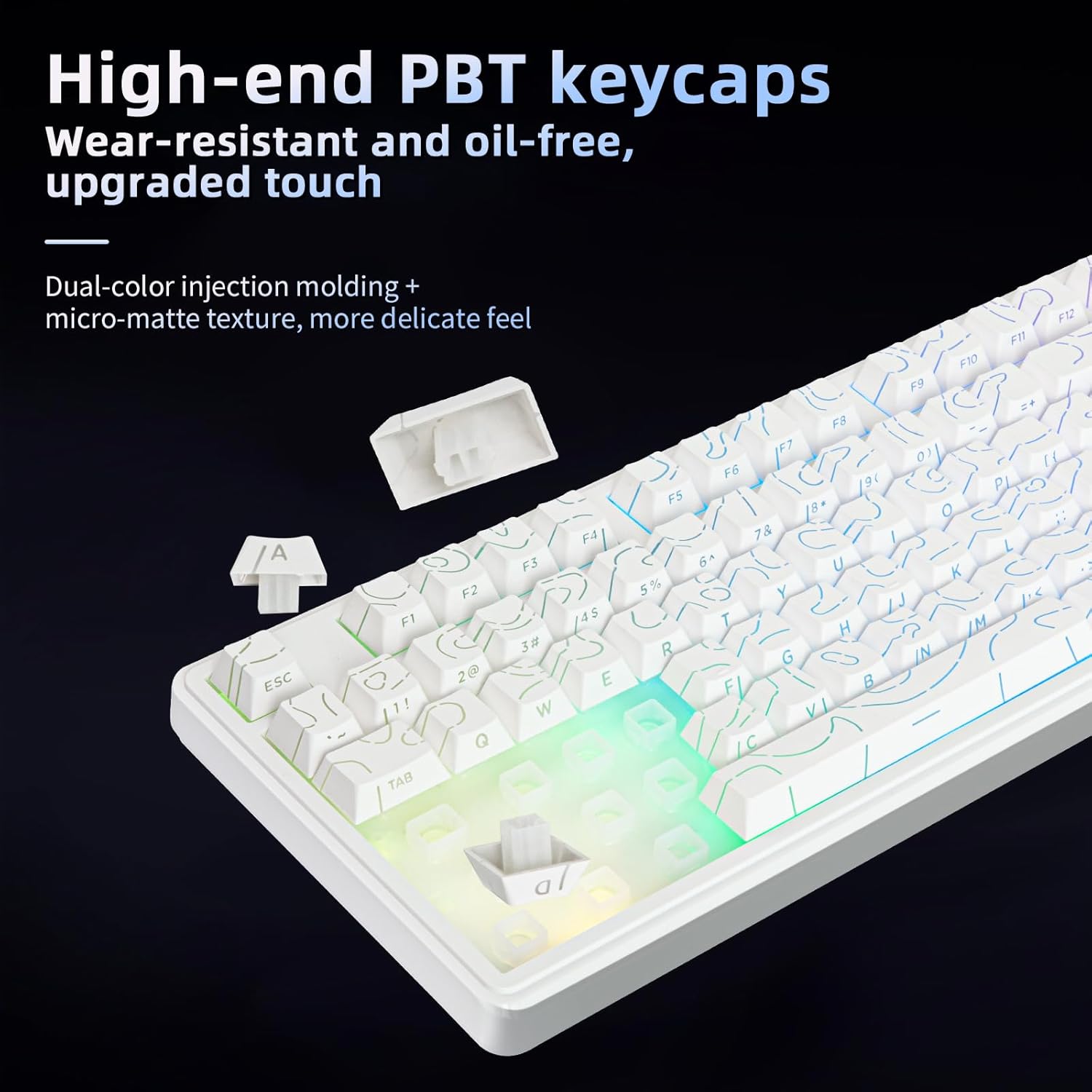 لوحة مفاتيح ألعاب سلكية بإضاءة خلفية RGB 95%؛ 98 مفتاح هادئ PBT مقاومة للماء من جميع الجهات لوحة أرقام سريعة الاستجابة للاعبي كمبيوتر ويندوز/ماك/اندرويد استخدام العربية غير مضمون من يوركربو، أبيض - الصورة 3