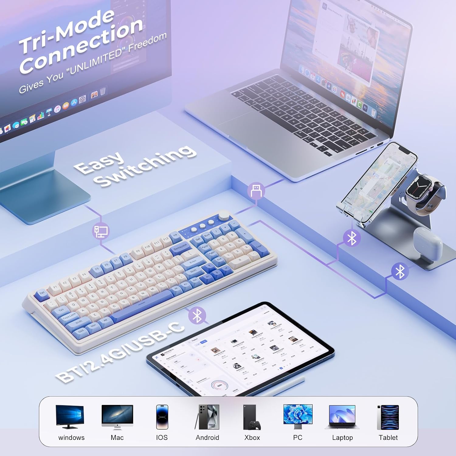 كيبورد أولا سلكي موديل S99 مضاء خلفياً وقابل للتخصيص بلون جراديانت بنفسجي متوافق مع PC باللغة الإنجليزية - الصورة 3