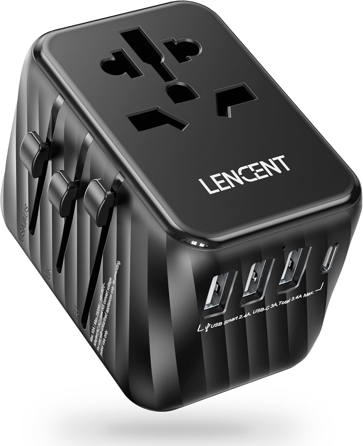 محول طاقة شامل للسفر من لانسينت، قابس تيار متردد 5.6 امبير بـ3 منافذ USB A ومنفذ توصيل طاقة USB C، شاحن حائط من مستلزمات السفر لجميع أنحاء العالم من UK وEU وUS وأيرلندا وأستراليا (نوع C/G/A/I)، أسود | 3 USB A Ports 1 Type C PD Wall Charger Worldwide Travel Essentials for UK to EU US Ireland Australia (Type C/G/A/I) Black