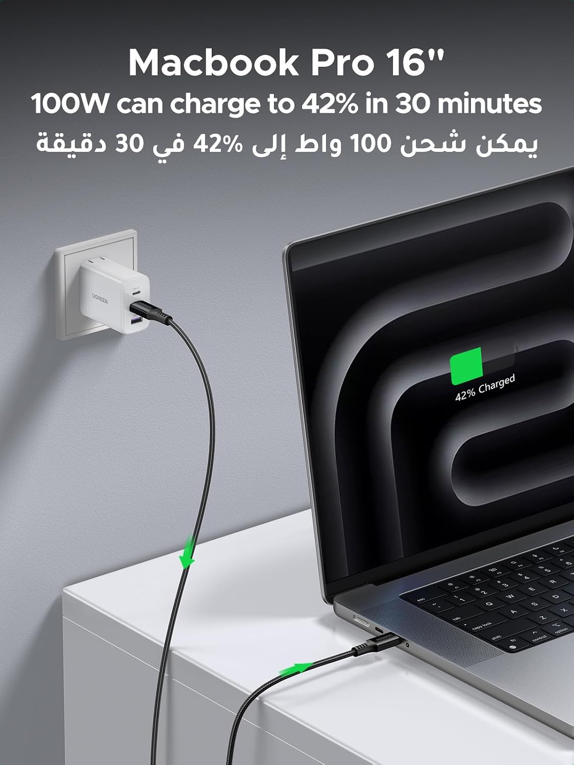 كيبل USB نوع C إلى نوع C سريع الشحن مضفر 5 امبير لسلسلة ايفون 16 وايباد برو/ميني وماك بوك برو/ميني وسامسونج S24 الترا وهواوي P60 من يوجرين، طول 2 متر - 100 واط - اس سي بي بي سي - الصورة 2