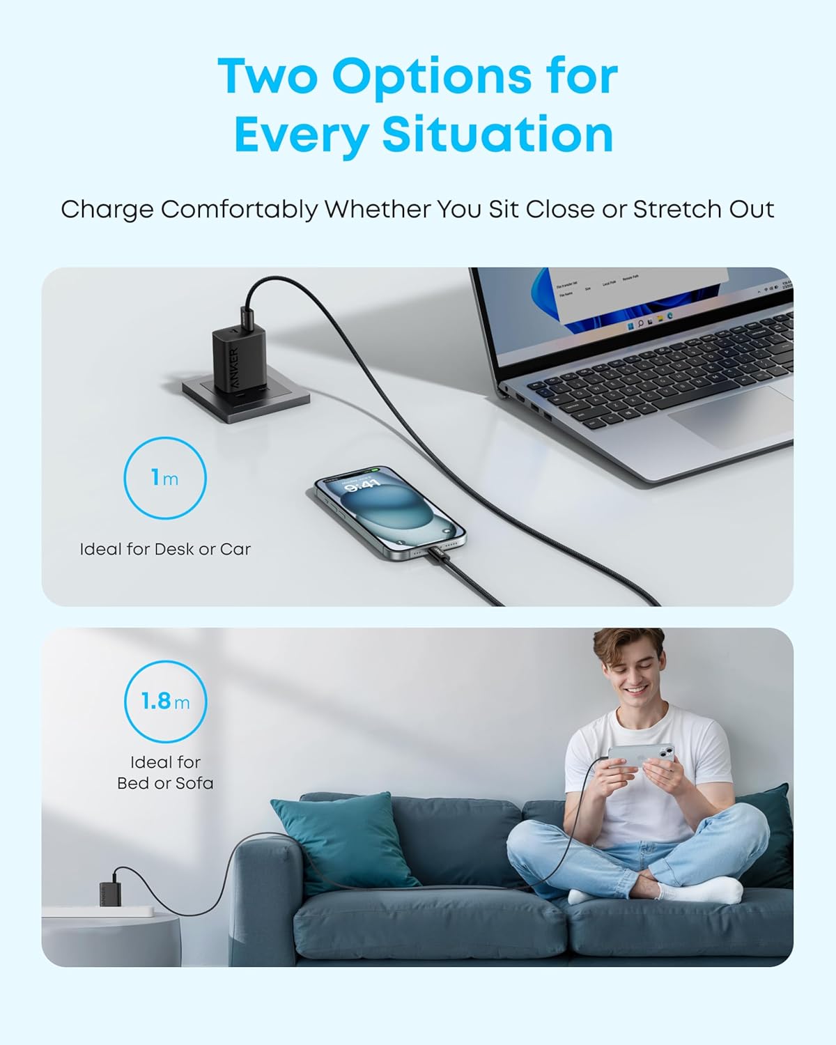كيبل زولو USB إلى USB نوع C اتصال كاربلاي سلس، كيبل شحن سريع متين ومضفر مع موصل رفيع لسلسلة آيفون 17/16 وسامسونج S25/S24 وهواوي بطول 1.0 م من انكر - الصورة 5