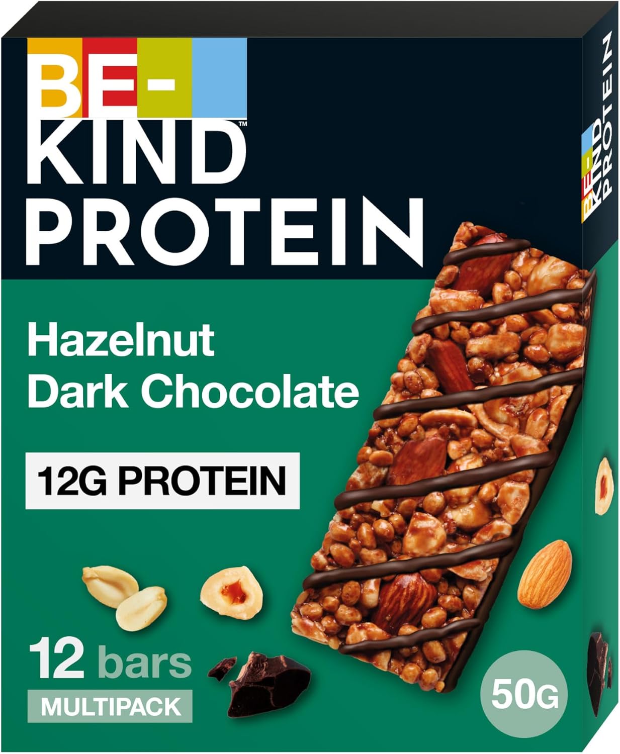 be kind hazelnut dark chocolate protein bar 12g plant protein gluten free snacks no preservatives no artificial colors no sweeteners pack of 12x50g