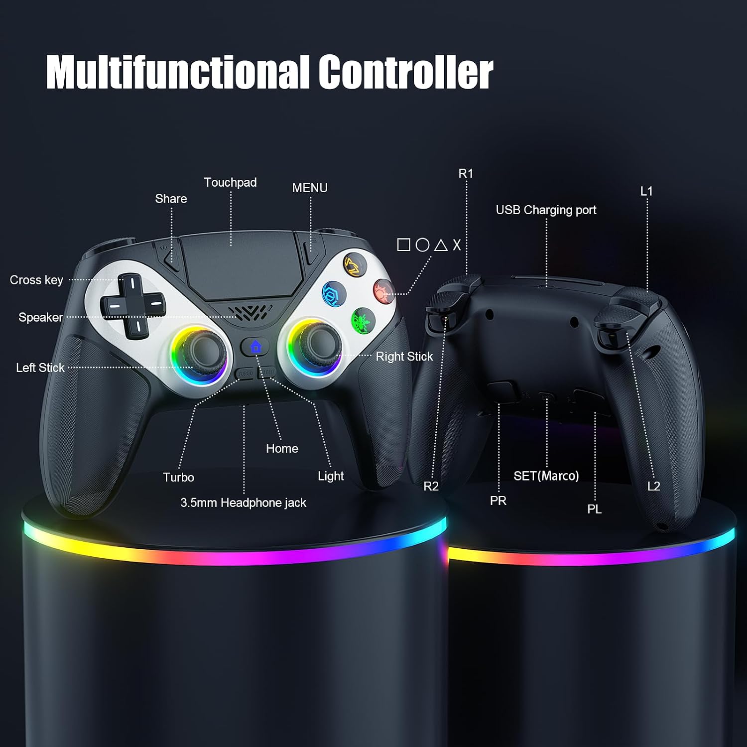 gamrombo led wireless controller for ps5 compatible with ps5 pro slim pc dual vibration macro turbo function 3 5mm audio jack 6 axis motion contro gamepad with speaker black - الصورة 3