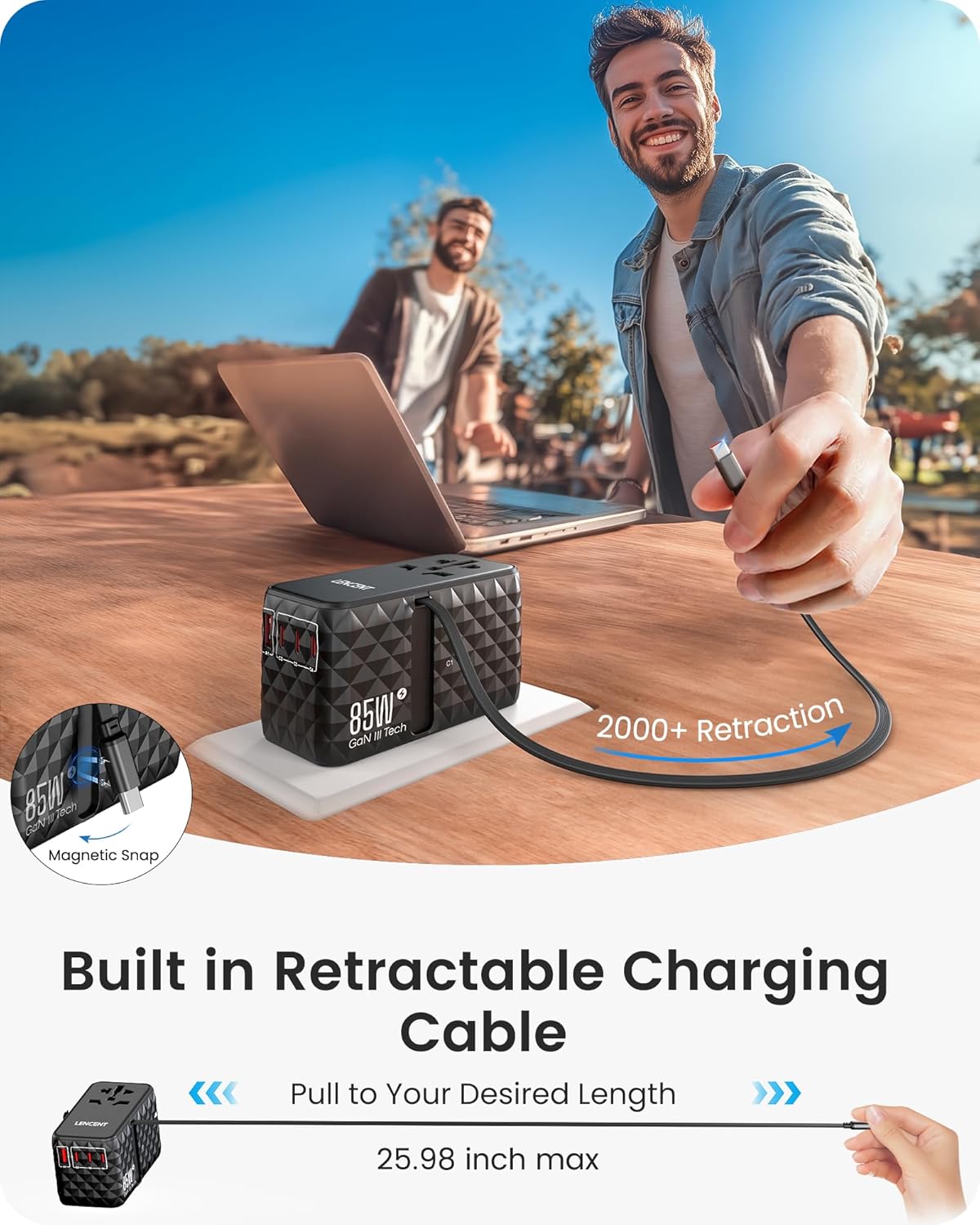 محول طاقة سفر عالمي 85 واط مع كيبل USB-C قابل للسحب، محول سفر دولي بتقنية GaN مع 1 USB-A و3 USB-C شحن سريع، محول قابس عالمي من أمريكا إلى الاتحاد الأوروبي والمملكة المتحدة، أنواع C/G/A/I من لانسينت | GaN International Travel Adapter with 1 USB-A & 3 Type C Fast Charging, Worldwide Plug Adaptor for US to EU UK Type C/G/A/I - الصورة 3