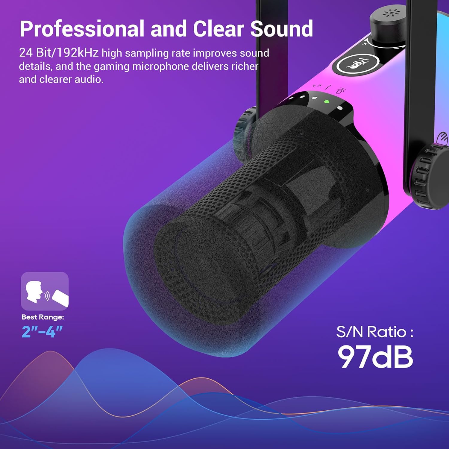 ميكروفون من FDUCE موديل D20 بإضاءة RGB مع USB، مزود بزر كتم وتحكم بالصوت ومنفذ سماعات وذراع قابل للتعديل، متوافق مع PC وMac وPS4/PS5 - الصورة 2