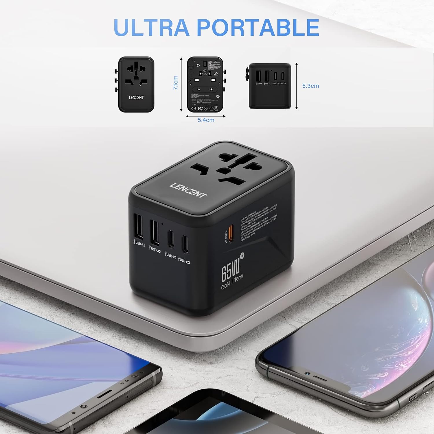شاحن سفر عالمي من لينسينت، شاحن عالمي جان 3 65 واط مع منفذين USB و3 مداخل لتزويد الطاقة USB-C، شاحن سريع الشحن، شاحن حائط عالمي متوافق مع اجهزة ايفون وسامسونج واللابتوب، نوع A/C/G/I (USA/UK/EU/AUS) - الصورة 6