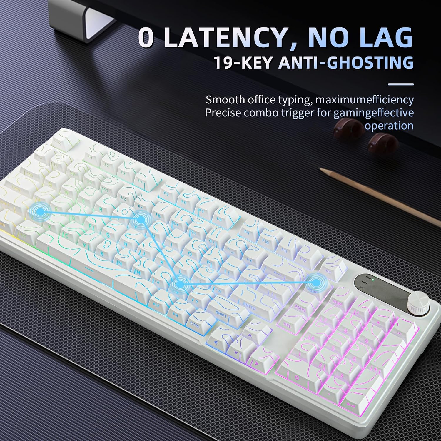 لوحة مفاتيح ألعاب سلكية بإضاءة خلفية RGB 95%؛ 98 مفتاح هادئ PBT مقاومة للماء من جميع الجهات لوحة أرقام سريعة الاستجابة للاعبي كمبيوتر ويندوز/ماك/اندرويد استخدام العربية غير مضمون من يوركربو، أبيض - الصورة 5