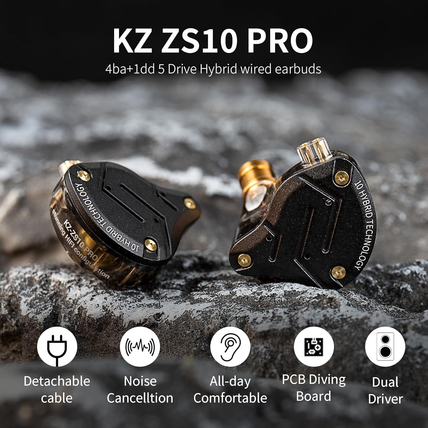 كينبوفي سماعة رأس KZ ZS10 برو 4BA 1DD KZ متعددة المشغلات هاي فاي، سماعة أذن KZ داخل الأذن IEM مع زر الكل في واحد (أسود مع ميكروفون) - الصورة 2
