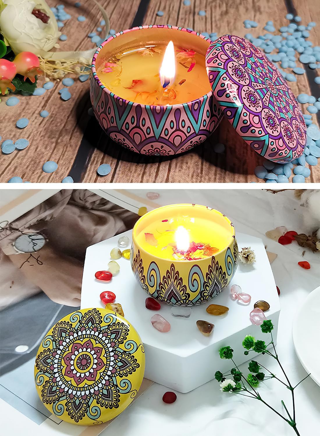 مجموعة هدايا شموع معطرة للنساء، شموع العلاج بالزيوت العطرية مع زيت عطري من ال اند وين، شموع صويا معطرة للمنزل باحتراق يدوم 48 ساعة لعيد الميلاد ووصيفة العروس والانتقال لمنزل جديد - 4 قطع (نمط بوهو) - الصورة 5