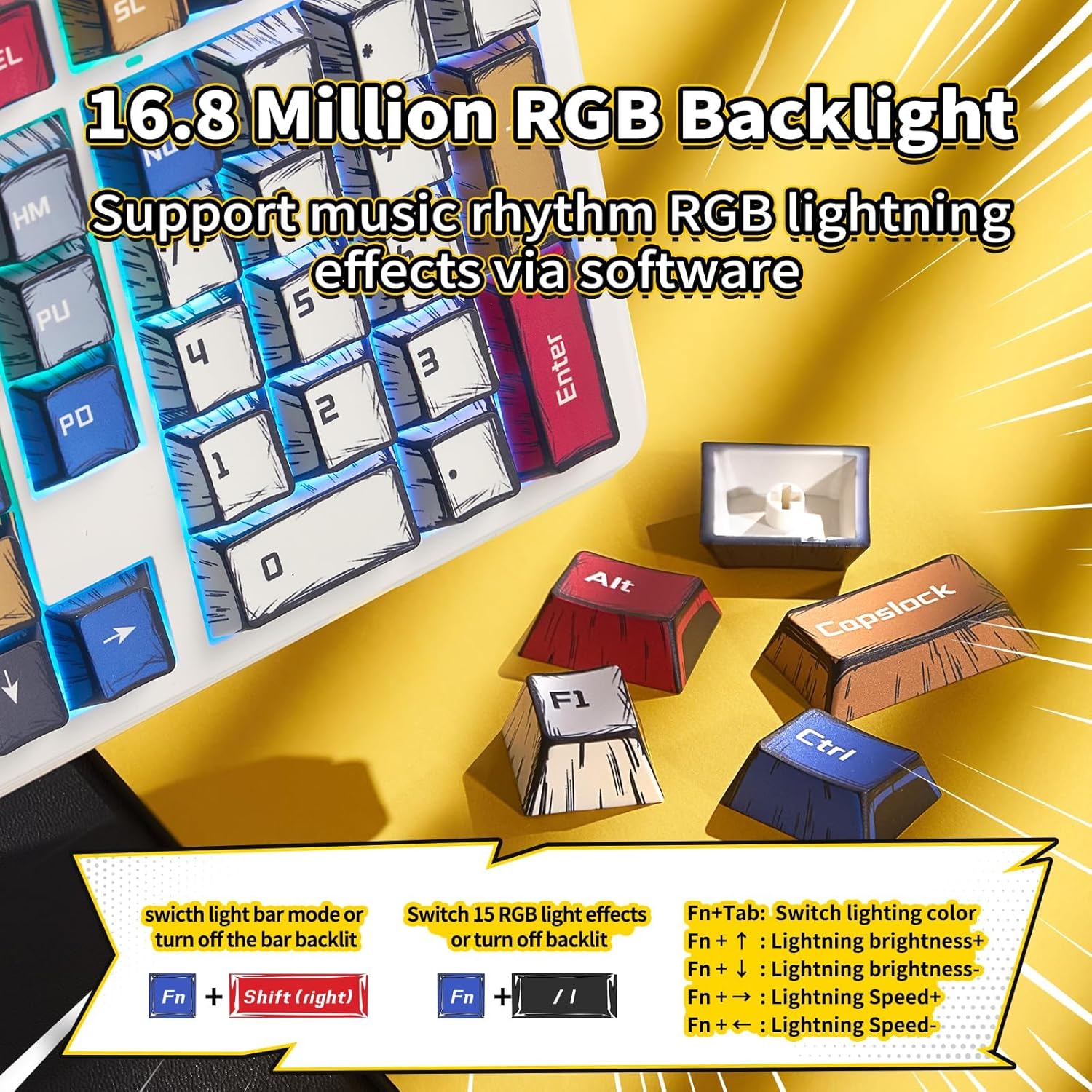 كيبورد أولا USB-C موديل F99 برو لاسلكي مع إضاءة RGB و بطارية 8000mAh بلون كوميك كولور لكونسول الألعاب بالإنجليزية | Tri-Mode Bluetooth/USB-C/Wireless,Hot Swappable Pre-lubed Star Vector Switches,Programmable RGB Backlit 99 PBT Keycaps - الصورة 3