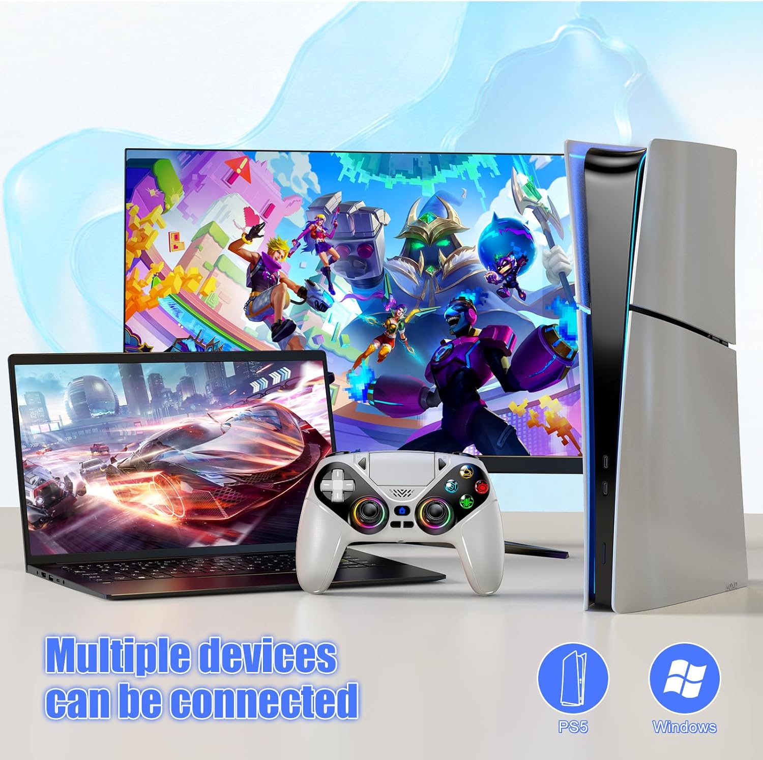 Gamrombo LED Wireless Controller for PS5, Compatible with PS5 Pro/Slim/PC, Dual Vibration, Macro/Turbo Function, 3.5mm Audio Jack, 6-Axis Motion Contro Gamepad with Speaker (White) - الصورة 2