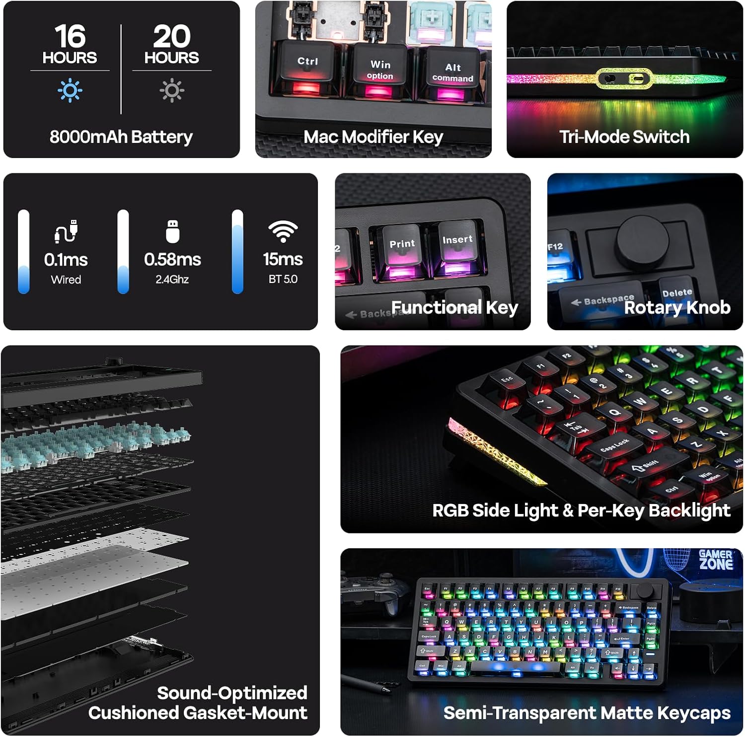 ايبوميكر كيبورد العاب HE75 V2 بتاثير القاعة، 8K بولنج و0.1 مللي ثانية، 8000mAh و2.4Ghz/BT، مفتاح تبديل سريع، تشغيل قابل للتعديل 0.005 ملم، زناد سريع، كريمي وثوكي (اسود) - الصورة 2