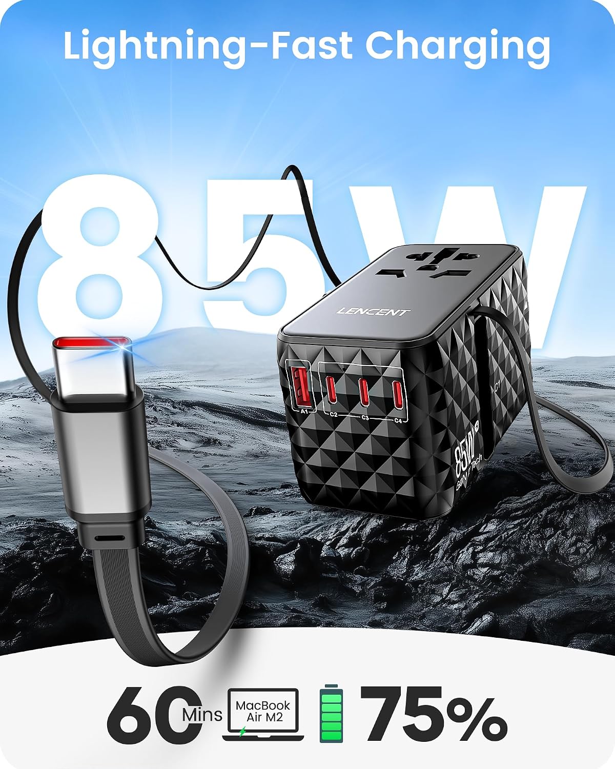 محول طاقة سفر عالمي 85 واط مع كيبل USB-C قابل للسحب، محول سفر دولي بتقنية GaN مع 1 USB-A و3 USB-C شحن سريع، محول قابس عالمي من أمريكا إلى الاتحاد الأوروبي والمملكة المتحدة، أنواع C/G/A/I من لانسينت | GaN International Travel Adapter with 1 USB-A & 3 Type C Fast Charging, Worldwide Plug Adaptor for US to EU UK Type C/G/A/I - الصورة 4