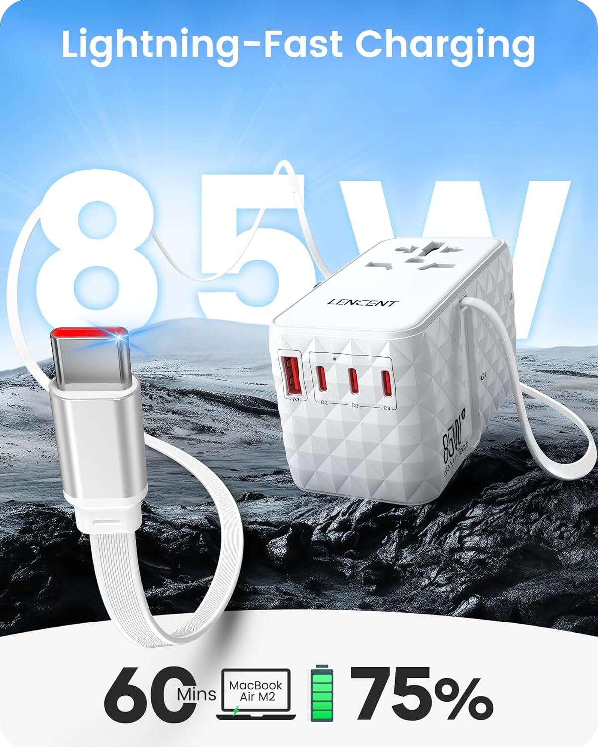 محول طاقة سفر عالمي 85 واط مع كيبل USB-C قابل للسحب، محول سفر دولي بتقنية GaN مع 1 USB-A و3 USB-C شحن سريع، محول قابس عالمي من أمريكا إلى الاتحاد الأوروبي والمملكة المتحدة، أنواع C/G/A/I من لانسينت | GaN International Travel Adapter with 1 USB-A & 3 Type C Fast Charging, Worldwide Plug Adaptor for US to EU UK Type C/G/A/I - الصورة 4