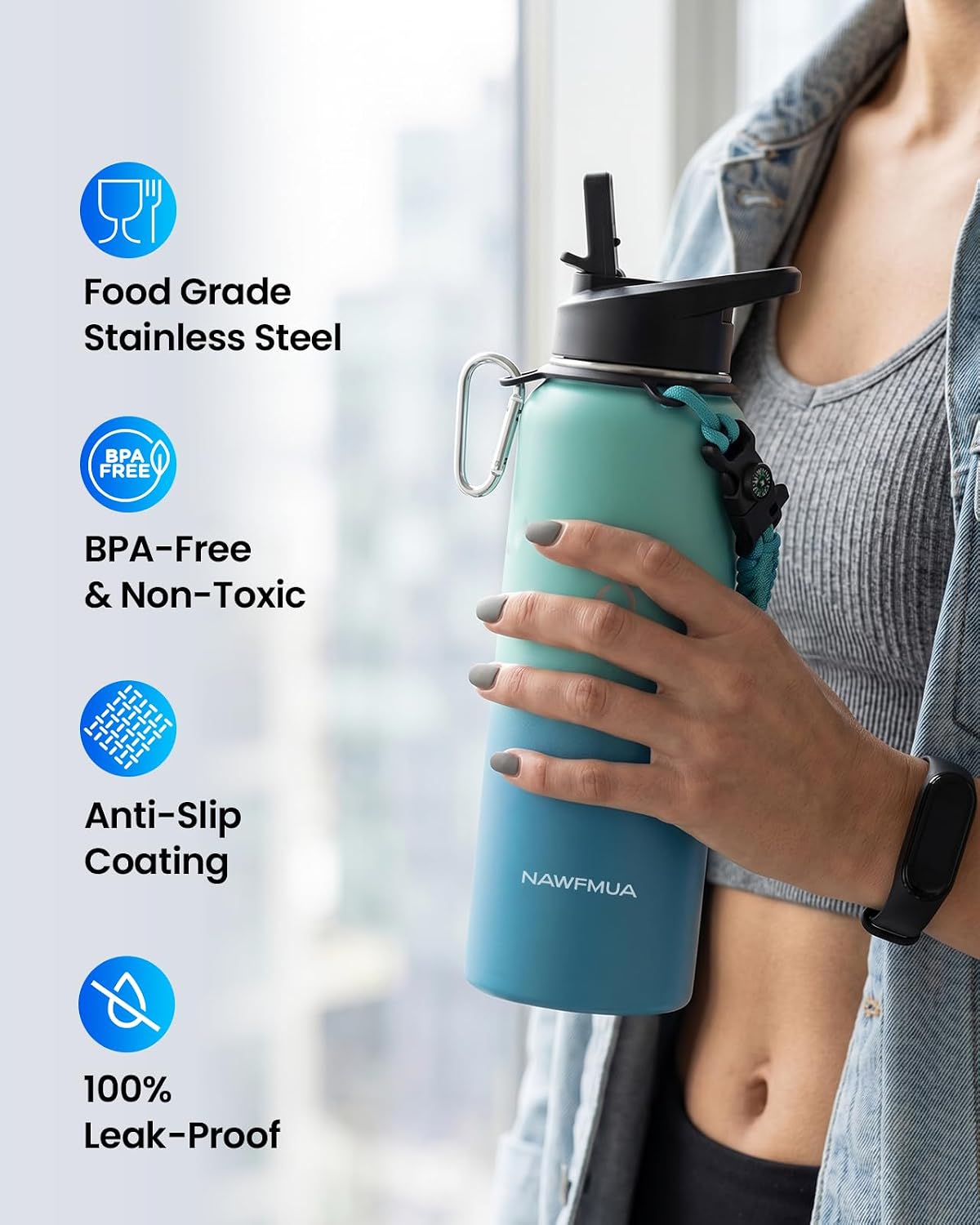 1 Liter Stainless Steel Water Bottle with Straw, Vacuum Insulated Sports Gym Wide Mouth Water Tumbler, BPA-Free Straw Lid and Spout Lid Keep Cold for 48 Hrs, Cyan Blue - الصورة 6