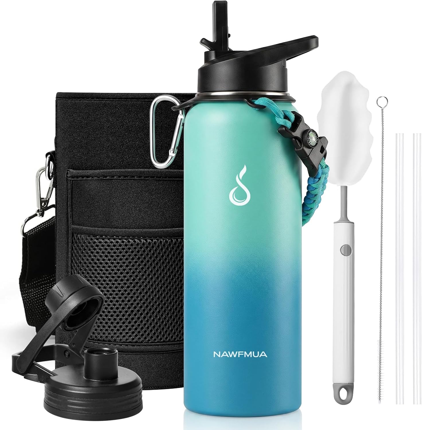 1 Liter Stainless Steel Water Bottle with Straw, Vacuum Insulated Sports Gym Wide Mouth Water Tumbler, BPA-Free Straw Lid and Spout Lid Keep Cold for 48 Hrs, Cyan Blue - الصورة 2